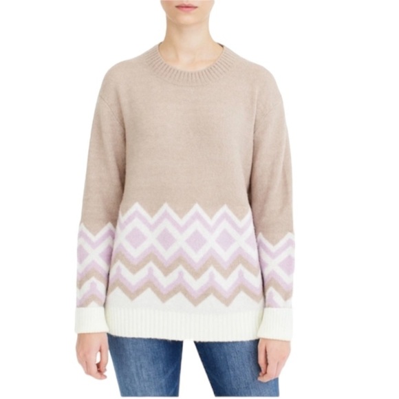 J. CREW Geometric Fair Isle Crewneck Sweater Heather Khaki Ivory Women's Size S - Picture 1 of 16